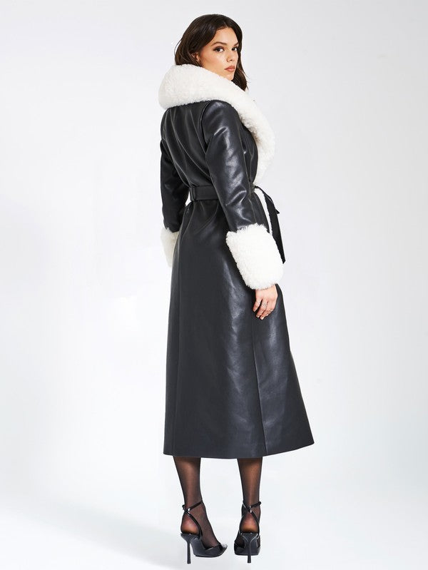 Aspen White Faux Fur Trim Black Vegan Leather Coat