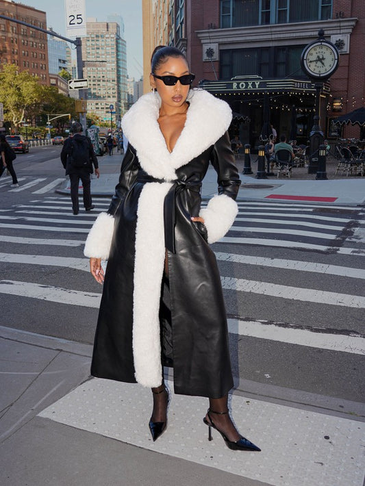 Aspen White Faux Fur Trim Black Vegan Leather Coat