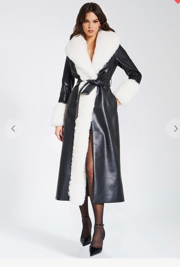 Aspen White Faux Fur Trim Black Vegan Leather Coat